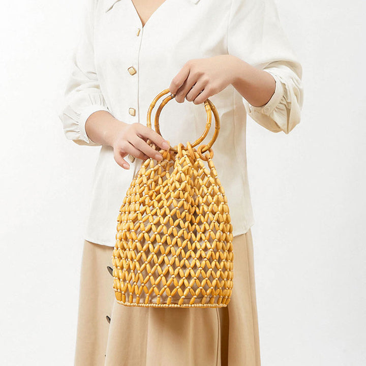 Sac à main en perles de bois tissées à la main avec poignée en bambou et Buddha Stones