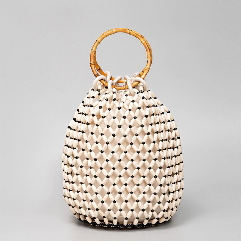 Sac à main en perles de bois tissées à la main avec poignée en bambou et Buddha Stones