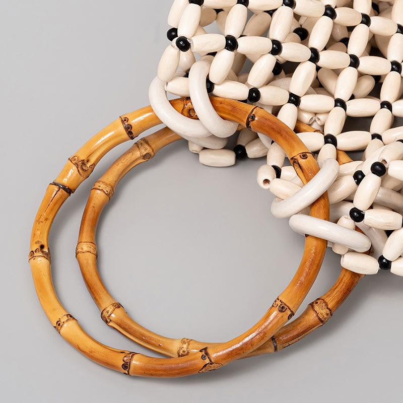 Sac à main en perles de bois tissées à la main avec poignée en bambou et Buddha Stones