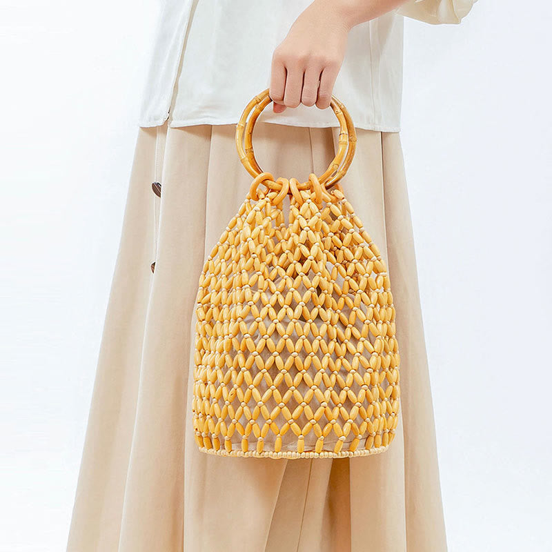 Sac à main en perles de bois tissées à la main avec poignée en bambou et Buddha Stones