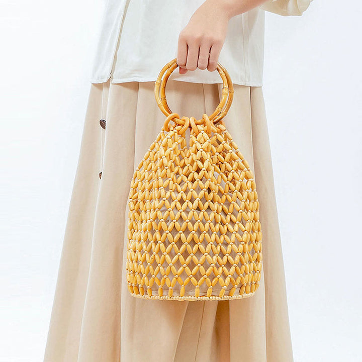 Sac à main en perles de bois tissées à la main avec poignée en bambou et Buddha Stones