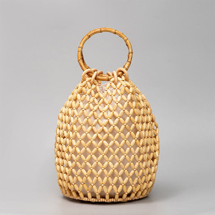 Sac à main en perles de bois tissées à la main avec poignée en bambou et Buddha Stones