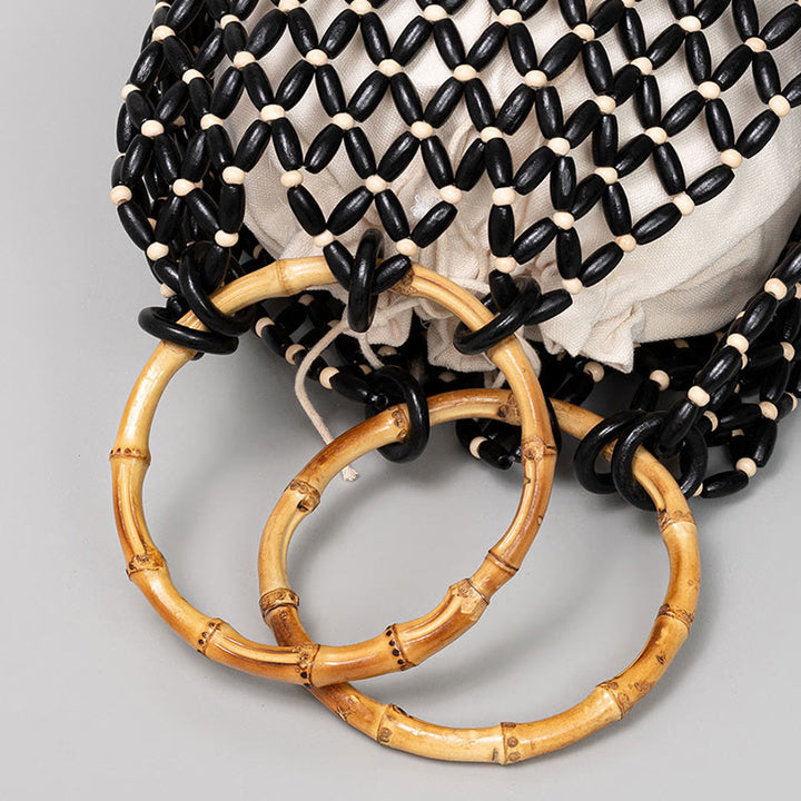 Sac à main en perles de bois tissées à la main avec poignée en bambou et Buddha Stones