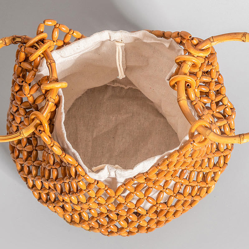 Sac à main en perles de bois tissées à la main avec poignée en bambou et Buddha Stones