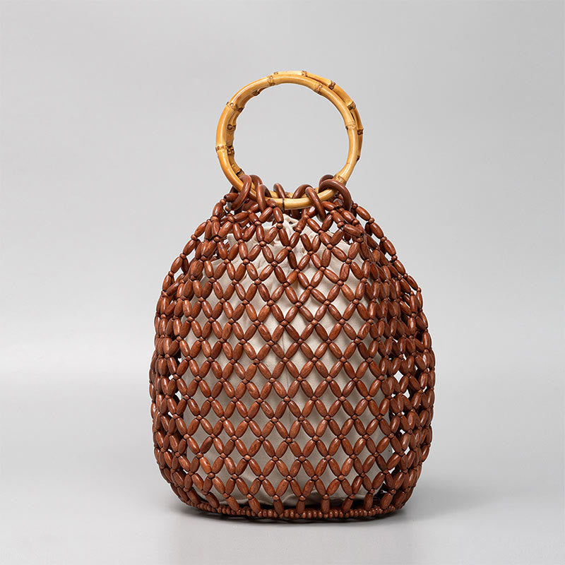 Sac à main en perles de bois tissées à la main avec poignée en bambou et Buddha Stones