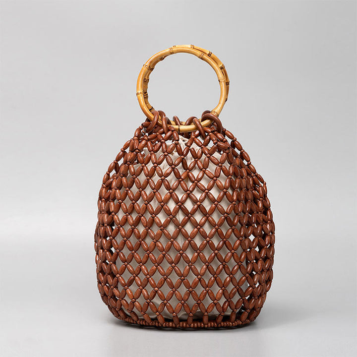 Sac à main en perles de bois tissées à la main avec poignée en bambou et Buddha Stones