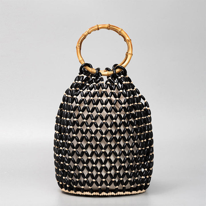 Sac à main en perles de bois tissées à la main avec poignée en bambou et Buddha Stones