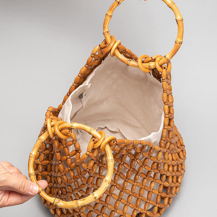 Sac à main en perles de bois tissées à la main avec poignée en bambou et Buddha Stones