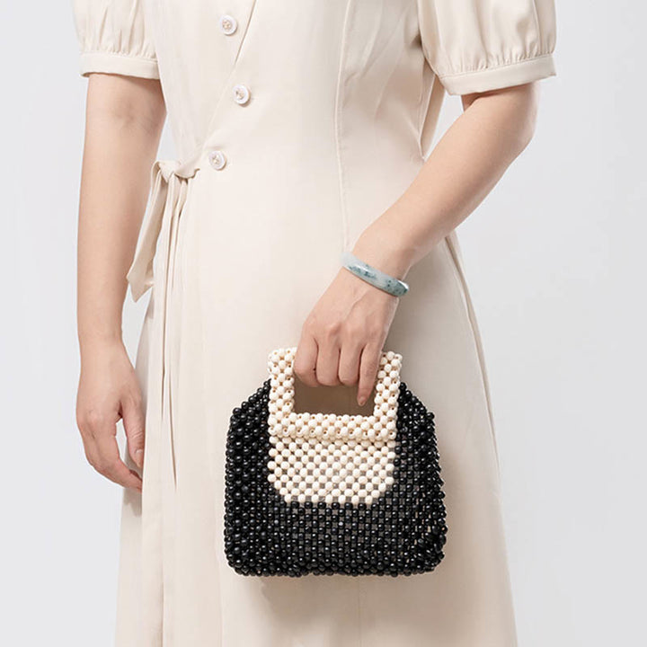 Sac à main fourre-tout carré en perles de bois tissées à la main avec Buddha Stones