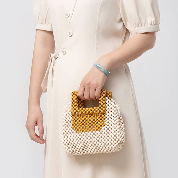 Sac à main fourre-tout carré en perles de bois tissées à la main avec Buddha Stones