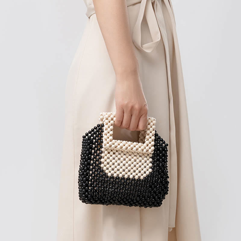Sac à main fourre-tout carré en perles de bois tissées à la main avec Buddha Stones