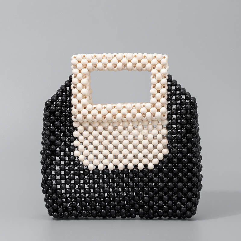 Sac à main fourre-tout carré en perles de bois tissées à la main avec Buddha Stones