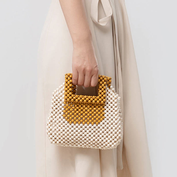 Sac à main fourre-tout carré en perles de bois tissées à la main avec Buddha Stones