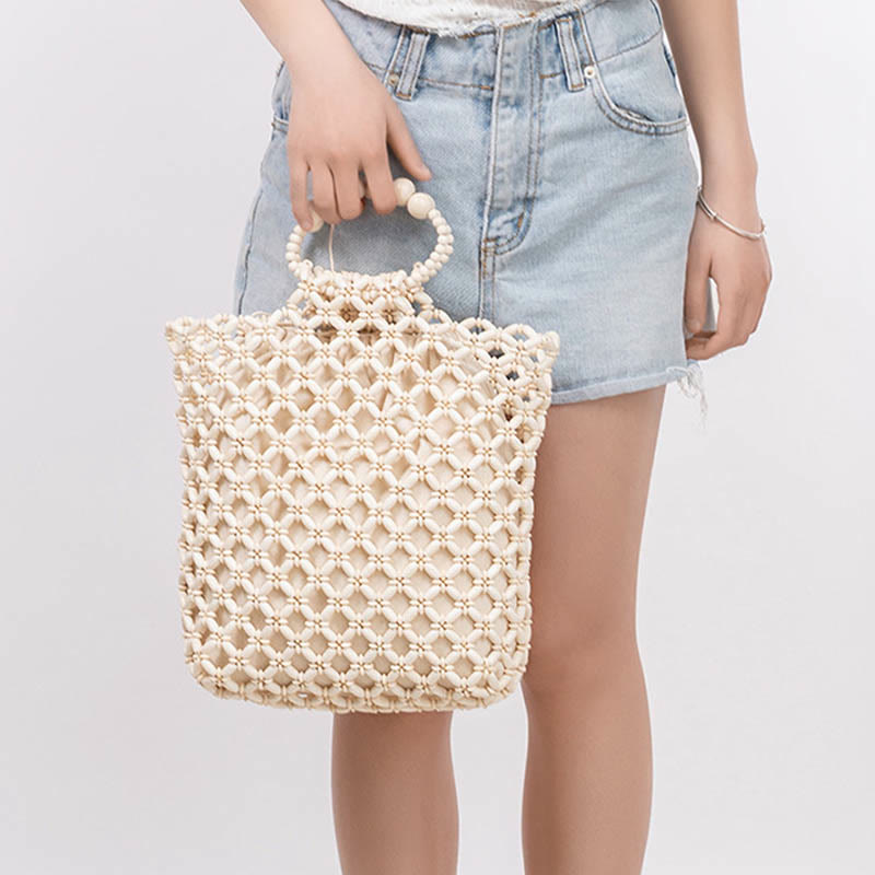 Sac à main en perles de bois creuses en maille tressée avec fil de pêche tissé à la main en Buddha Stones