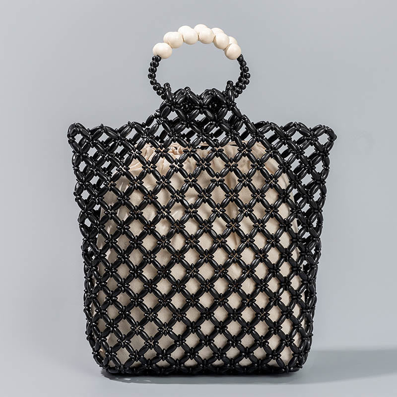 Sac à main en perles de bois creuses en maille tressée avec fil de pêche tissé à la main en Buddha Stones