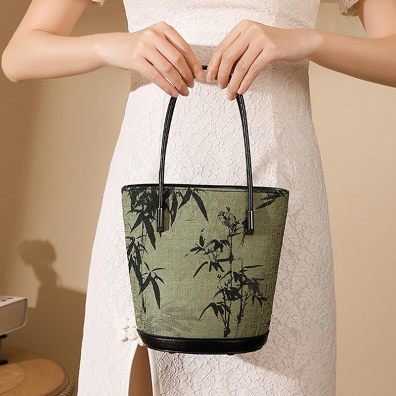 Sac à main vintage à bandoulière avec imprimé bambou vert et Buddha Stones