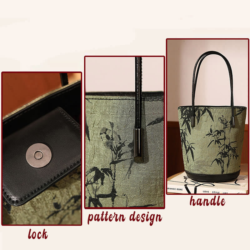 Sac à main vintage à bandoulière avec imprimé bambou vert et Buddha Stones