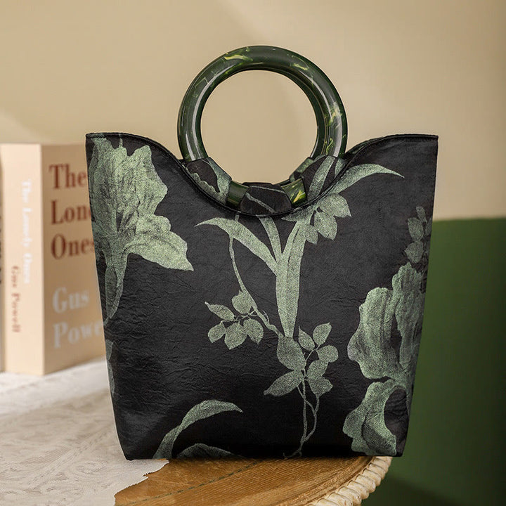 Sac à main vintage imprimé orchidées noires et vertes Buddha Stones - Orchidées vertes 20*8,5*23 cm - image 0