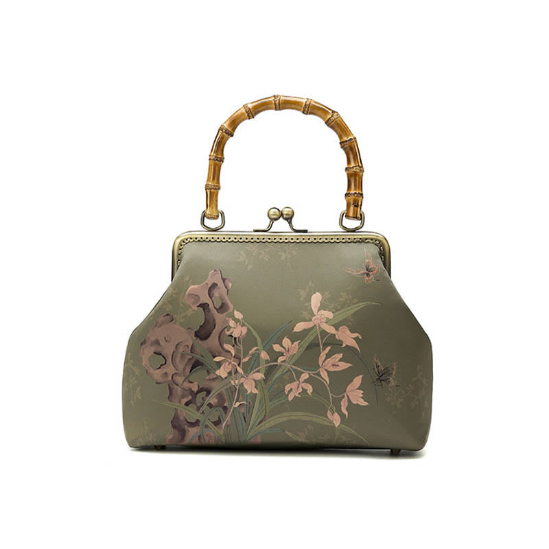 Sac à main en bandoulière avec chaîne en métal et poignée en bambou et Buddha Stones