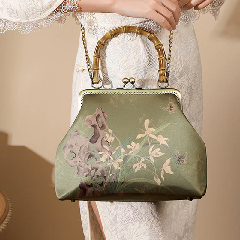 Sac à main en bandoulière avec chaîne en métal et poignée en bambou et Buddha Stones