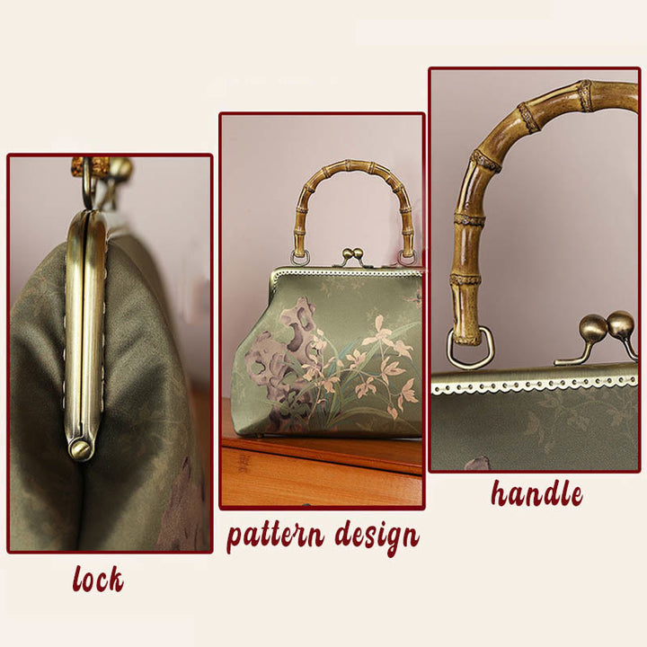 Sac à main en bandoulière avec chaîne en métal et poignée en bambou et Buddha Stones
