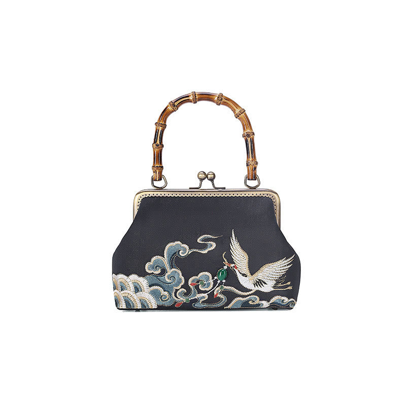 Sac à main avec poignée en bambou et broderie de grues et de Buddha Stones