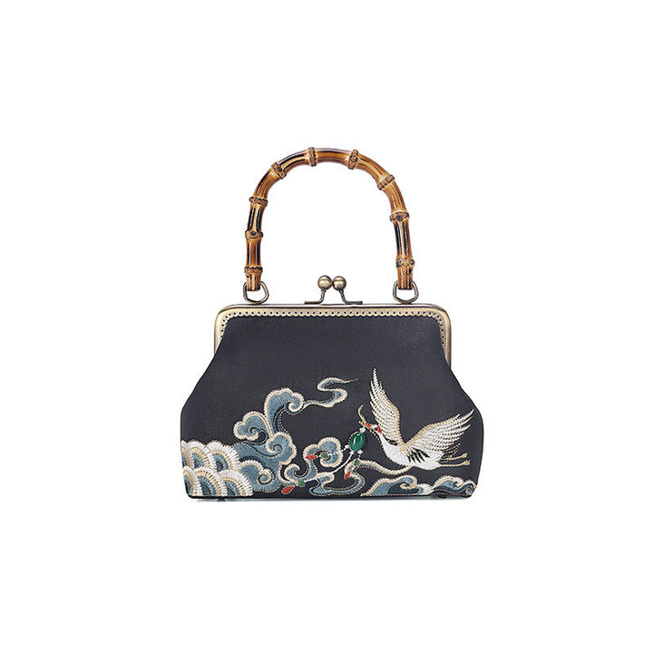 Sac à main avec poignée en bambou et broderie de grues et de Buddha Stones