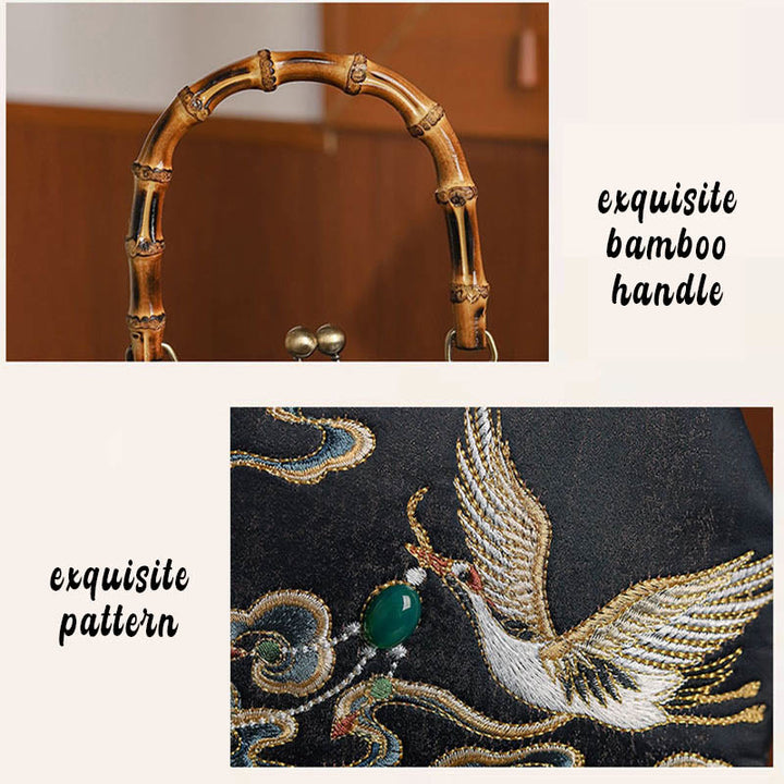 Sac à main avec poignée en bambou et broderie de grues et de Buddha Stones