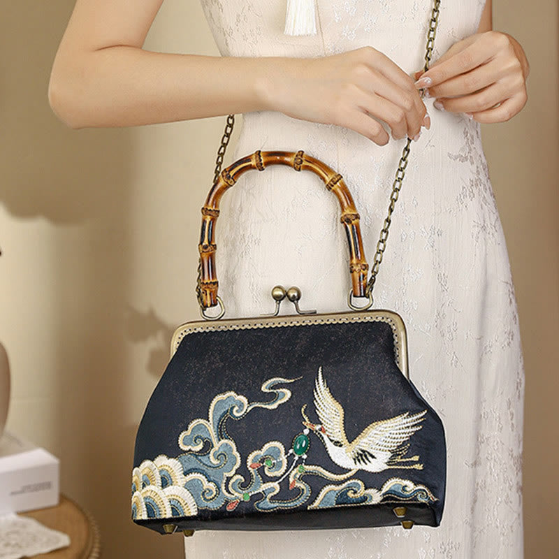 Sac à main avec poignée en bambou et broderie de grues et de Buddha Stones