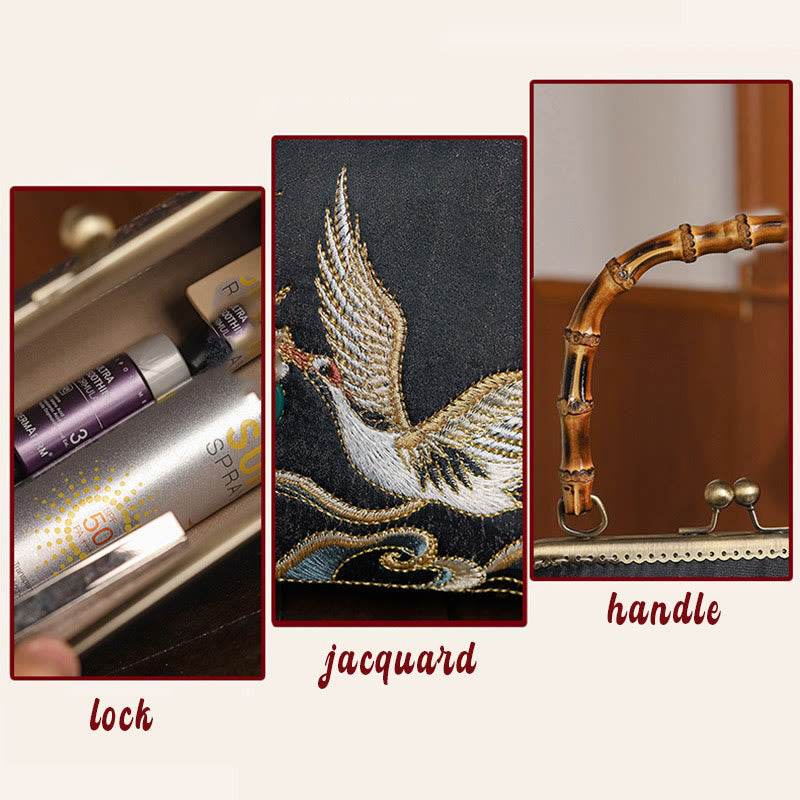 Sac à main avec poignée en bambou et broderie de grues et de Buddha Stones