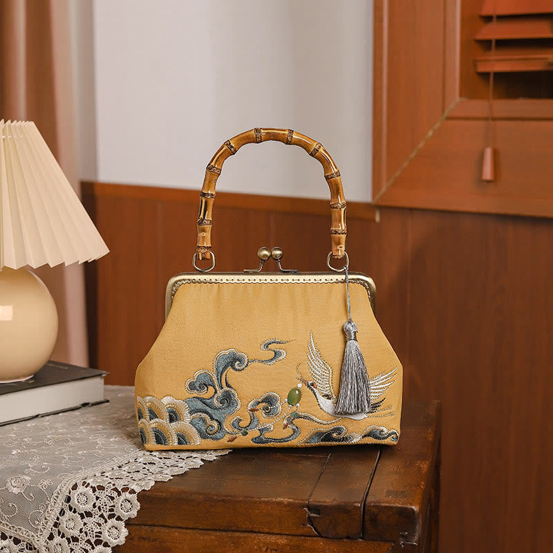Sac à main avec poignée en bambou et broderie de grues et de Buddha Stones