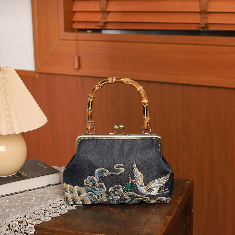Sac à main avec poignée en bambou et broderie de grues et de Buddha Stones