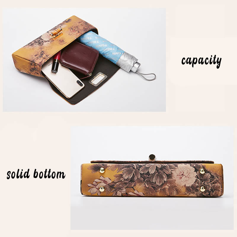 Sac à main à bandoulière avec chaîne en métal et poignée en bambou et motif floral Buddha Stones