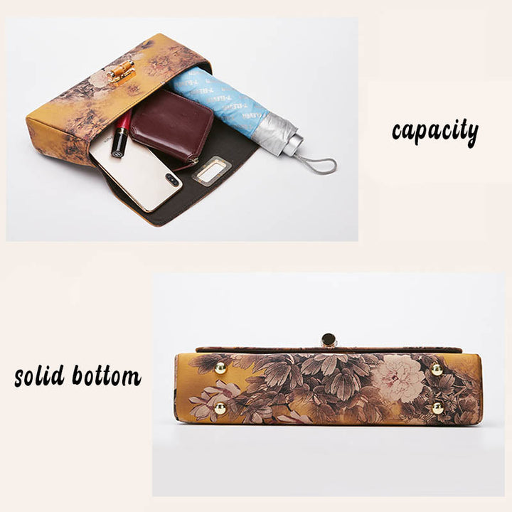 Sac à main à bandoulière avec chaîne en métal et poignée en bambou et motif floral Buddha Stones