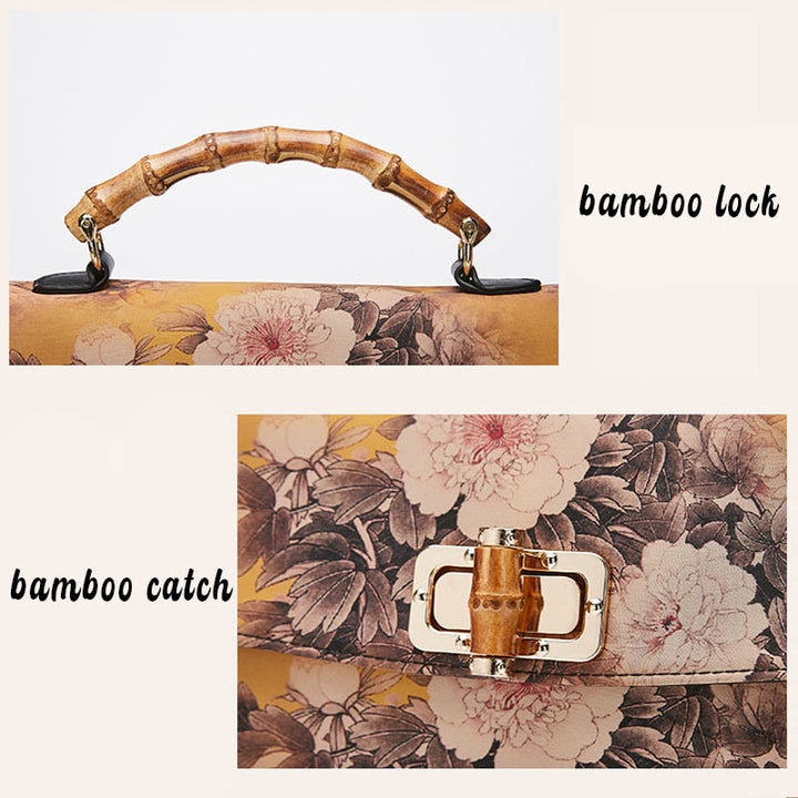 Sac à main à bandoulière avec chaîne en métal et poignée en bambou et motif floral Buddha Stones