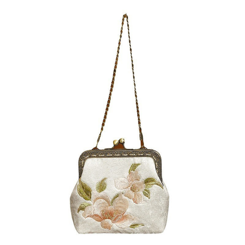 Sac à main avec poignée en métal et broderie de papillons et de pierres de Buddha Stones, orchidées, cerisier oriental