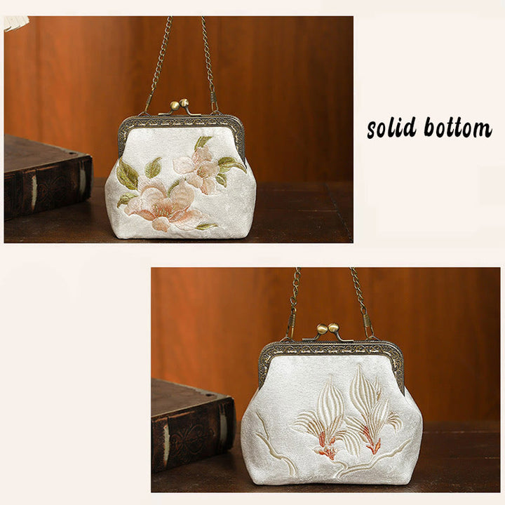 Sac à main avec poignée en métal et broderie de papillons et de pierres de Buddha Stones, orchidées, cerisier oriental