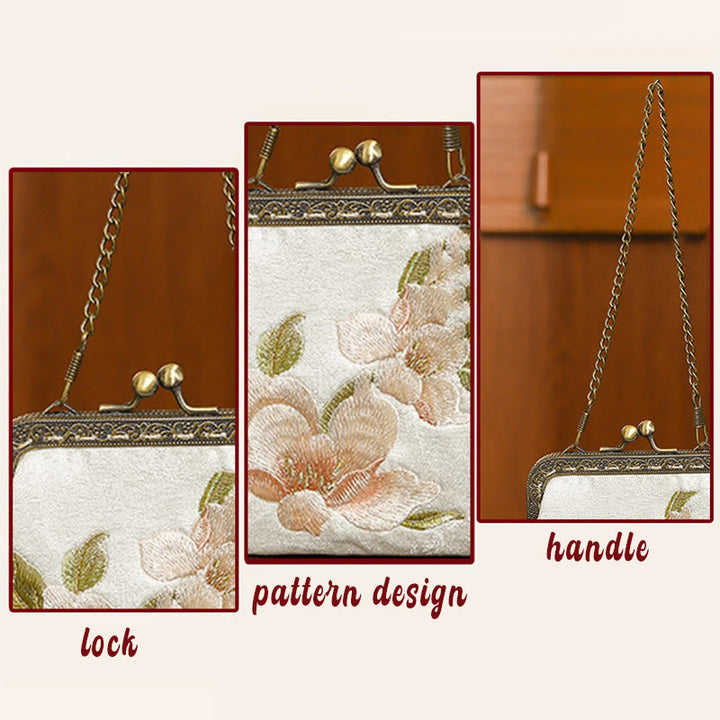 Sac à main avec poignée en métal et broderie de papillons et de pierres de Buddha Stones, orchidées, cerisier oriental