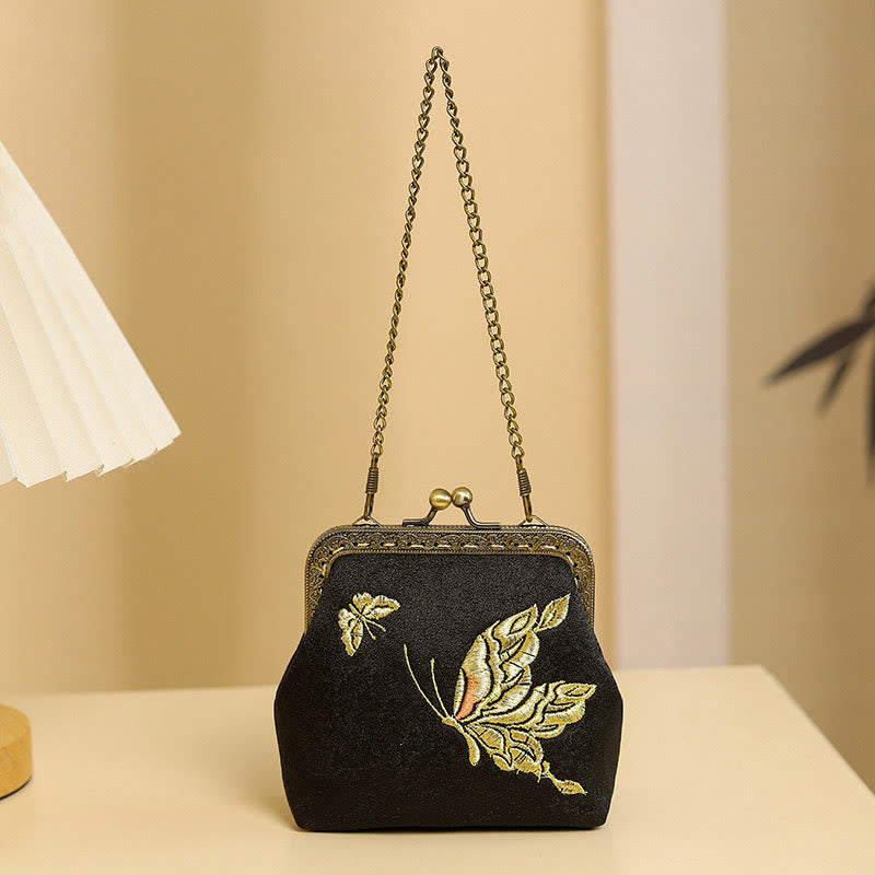 Sac à main avec poignée en métal et broderie de papillons et de pierres de Buddha Stones, orchidées, cerisier oriental
