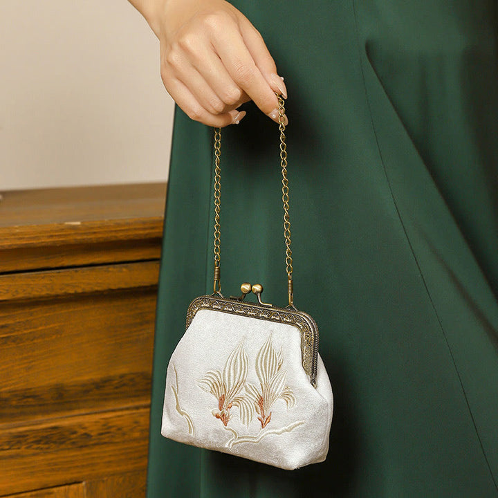 Sac à main avec poignée en métal et broderie de papillons et de pierres de Buddha Stones, orchidées, cerisier oriental