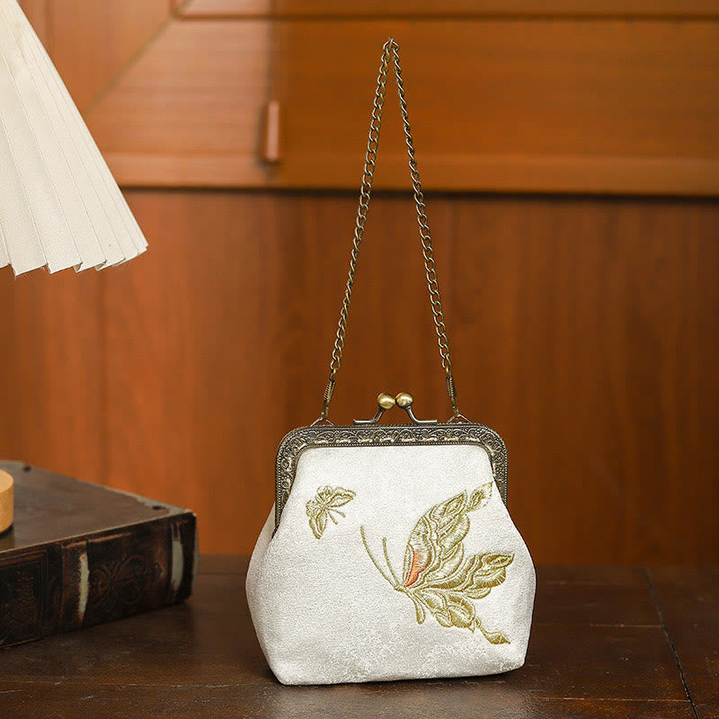 Sac à main avec poignée en métal et broderie de papillons et de pierres de Buddha Stones, orchidées, cerisier oriental