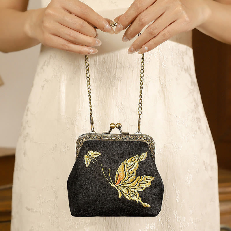 Sac à main avec poignée en métal et broderie de papillons et de pierres de Buddha Stones, orchidées, cerisier oriental