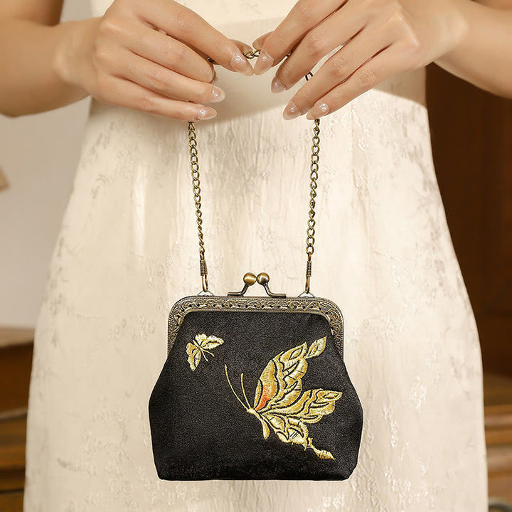 Sac à main avec poignée en métal et broderie de papillons et de pierres de Buddha Stones, orchidées, cerisier oriental