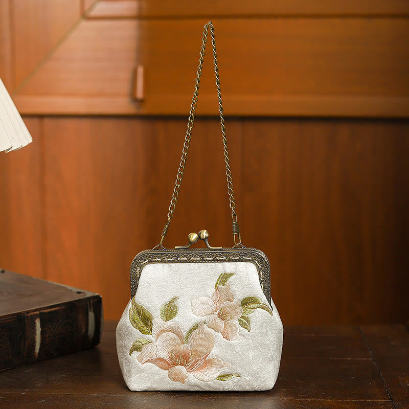 Sac à main avec poignée en métal et broderie de papillons et de pierres de Buddha Stones, orchidées, cerisier oriental