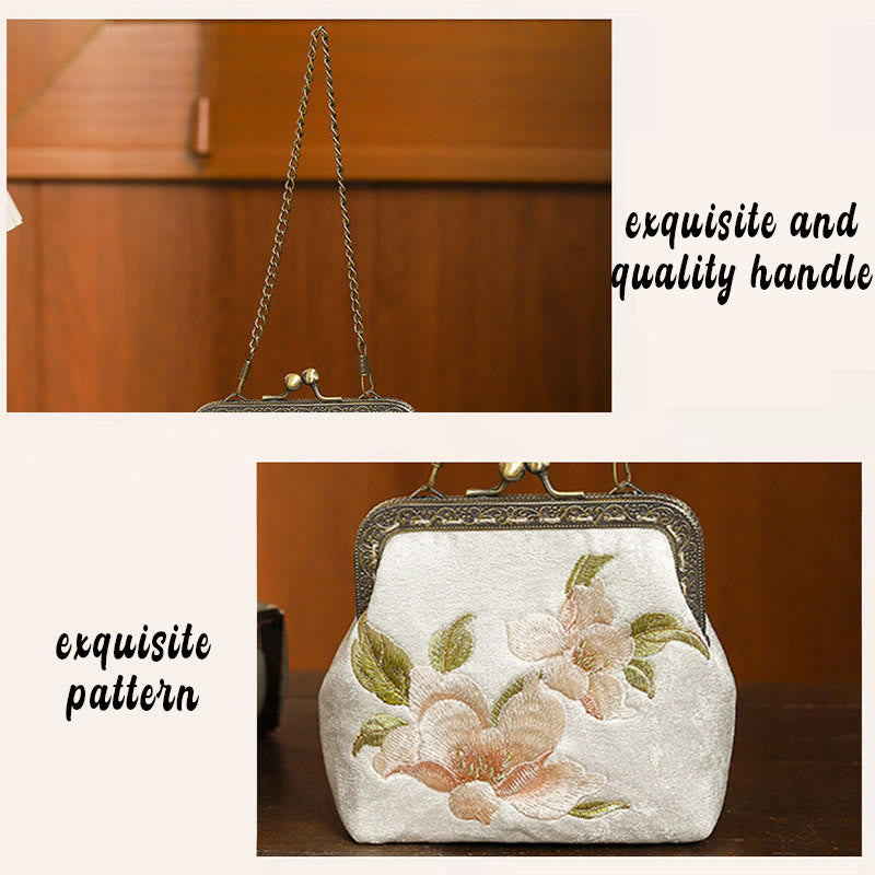 Sac à main avec poignée en métal et broderie de papillons et de pierres de Buddha Stones, orchidées, cerisier oriental
