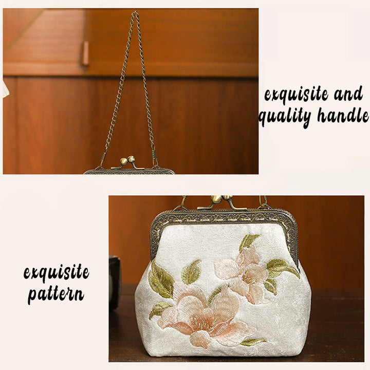 Sac à main avec poignée en métal et broderie de papillons et de pierres de Buddha Stones, orchidées, cerisier oriental