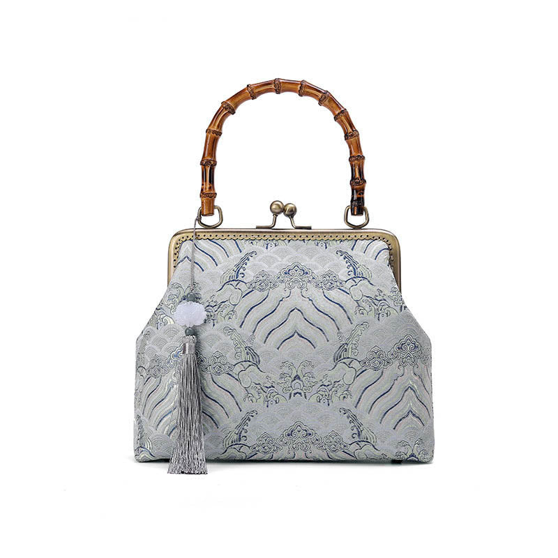 Sac à main à bandoulière avec chaîne en métal et poignée en bambou Buddha Stones Silver Lines