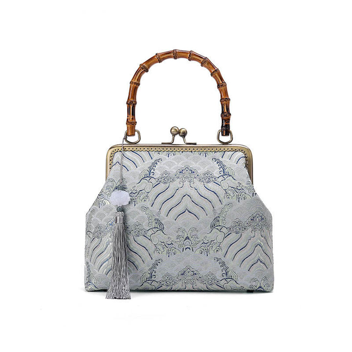 Sac à main à bandoulière avec chaîne en métal et poignée en bambou Buddha Stones Silver Lines