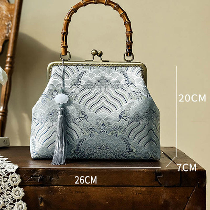 Sac à main à bandoulière avec chaîne en métal et poignée en bambou Buddha Stones Silver Lines