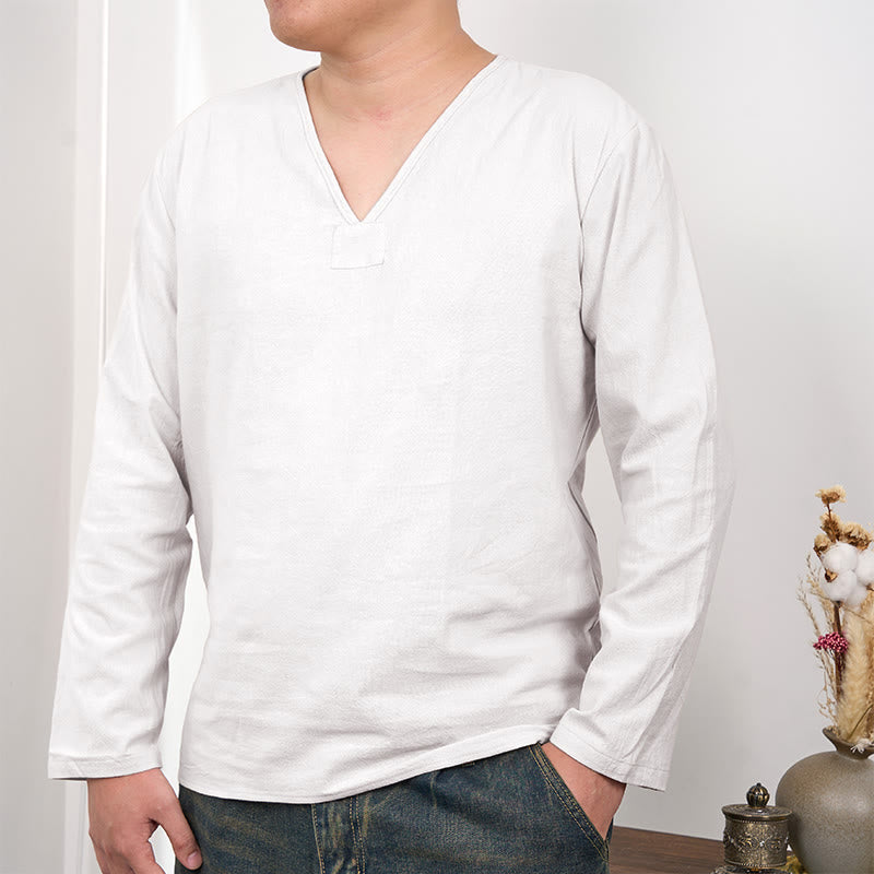 T-shirt homme en coton et lin à manches longues et col en V de couleur unie Buddha Stones